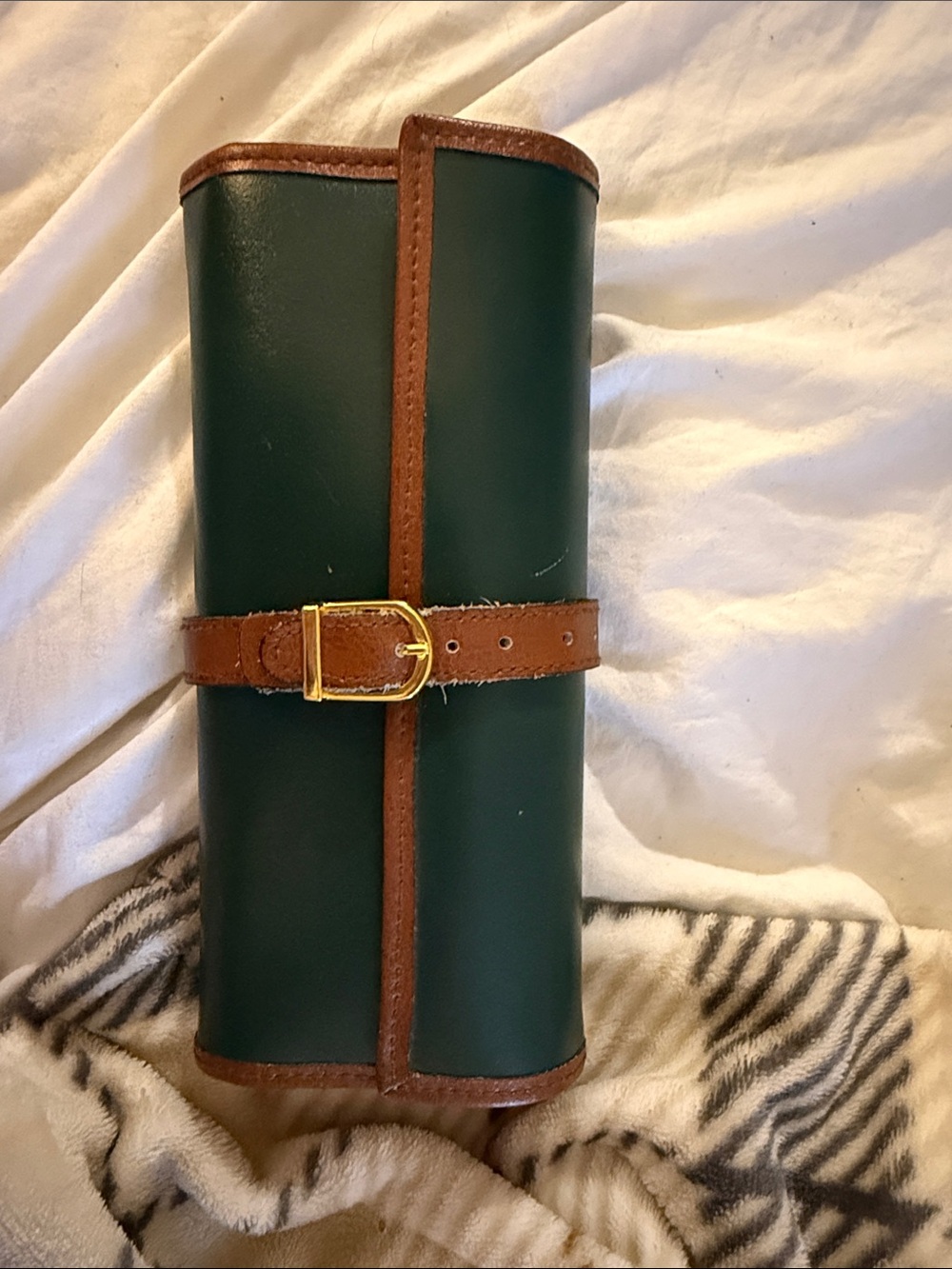 WOLF Designs Tan Leather Roll Wallet with Gold Logo Charm